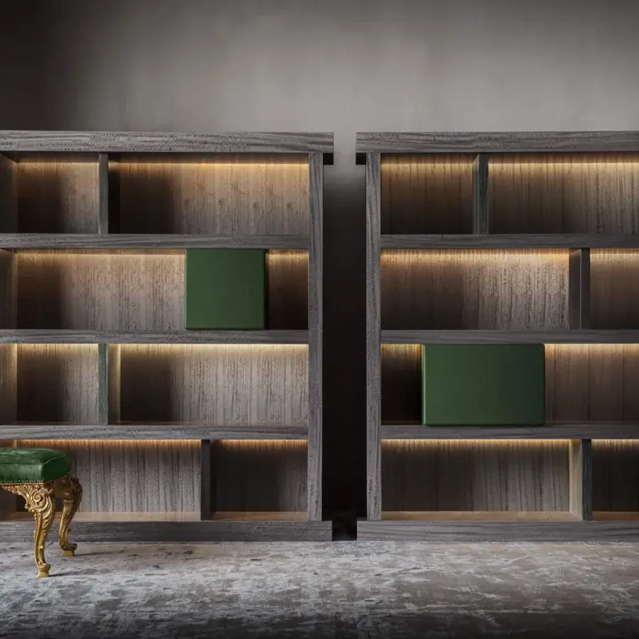 Exceptional OAK Pentagramma bookcase in grey eucalyptus with visible wood grain and integrated LED lighting