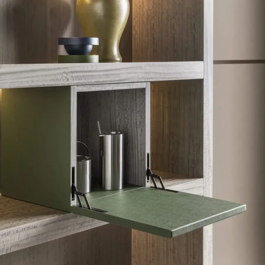 Sophisticated OAK Pentagramma bookcase in grey eucalyptus with varying shelves and green leather compartment