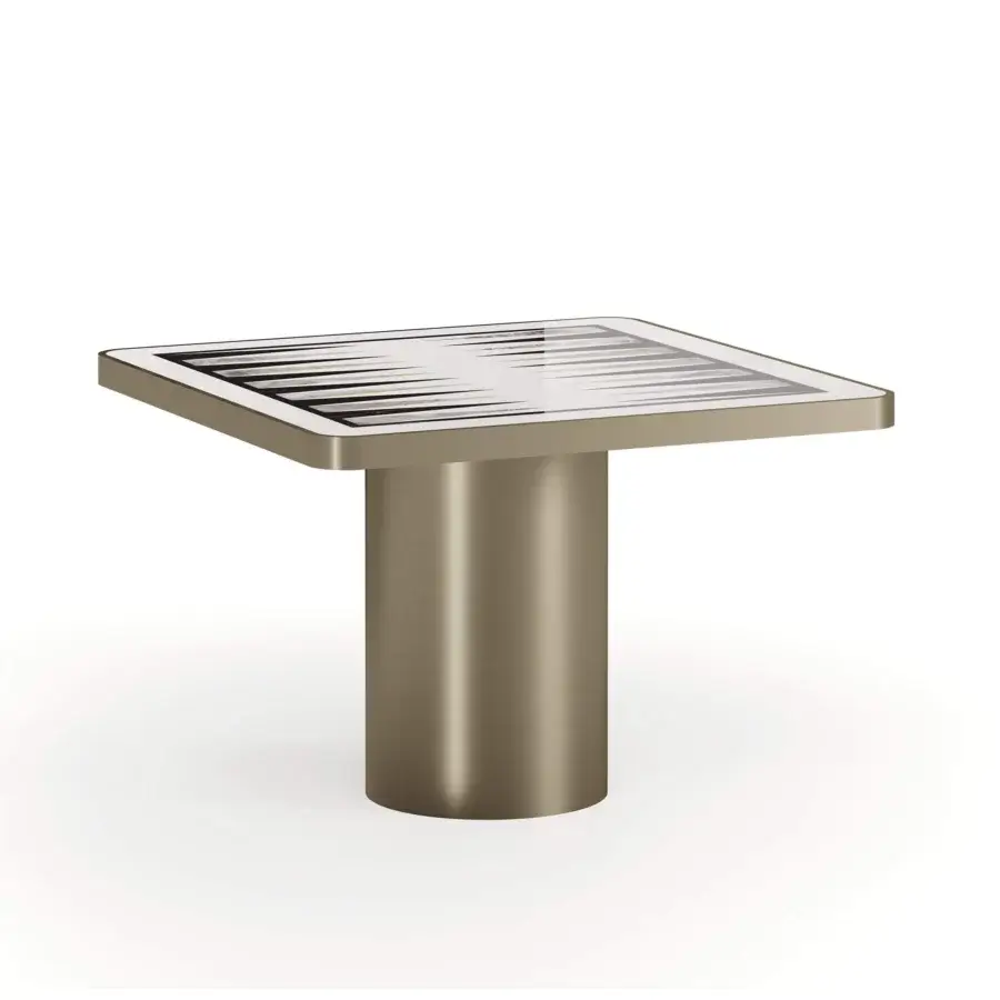 Tau steel backgammon table by Reflex, square tabletop with black and white board, cylindrical base, brushed metallic finish, minimalist design.