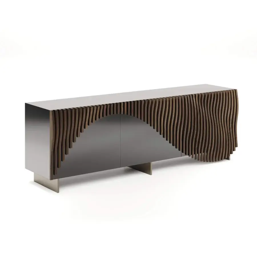 Reflex Accento sideboard, gray high-gloss finish, ribbed dark brown wood panel, gold metal feet, rectangular silhouette, studio shot.