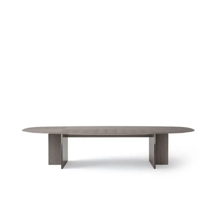 Superior OAK Sinfonia table crafted in wood with matte gray finish and vertical slit details on the base