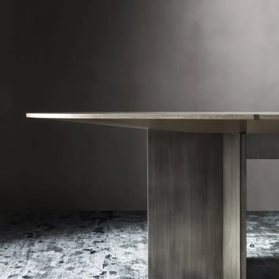 Distinguished OAK Sinfonia table crafted in wood with a dark muted gray-brown finish and matte texture