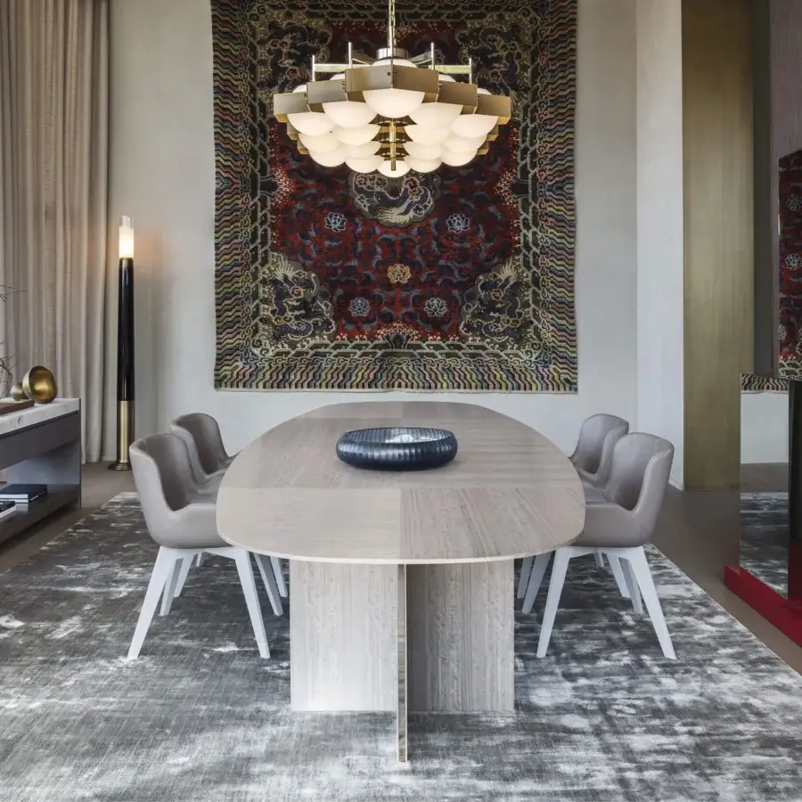 Sophisticated OAK Sinfonia table crafted in light wood with chessboard veneer and painted metal profiles in a matte finish