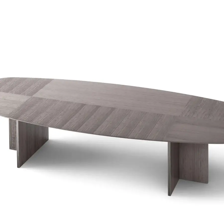 Exceptional OAK Sinfonia table crafted in wood with a gray-toned finish and painted metal profiles supporting the wide oval top