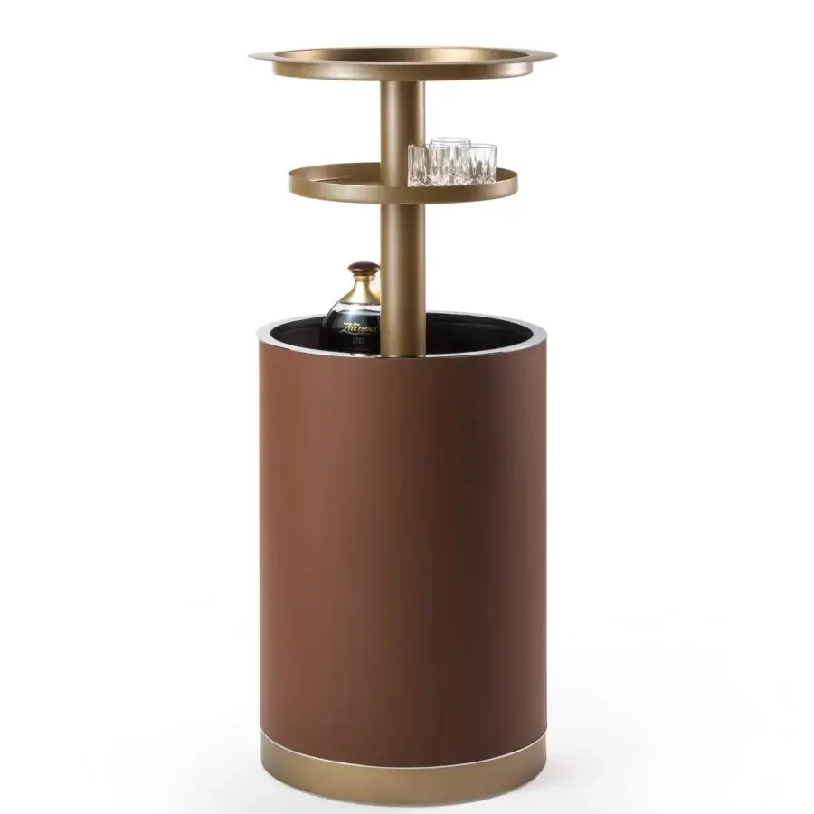 Distinguished Reflex Coconut bar cabinet with cylindrical form in smooth medium brown leather and golden brass accents