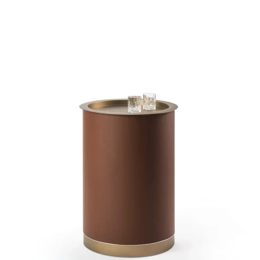 Lavish Reflex Coconut bar cabinet with cylindrical form in smooth medium brown leather and lustrous gold-toned trim crafted in Italy