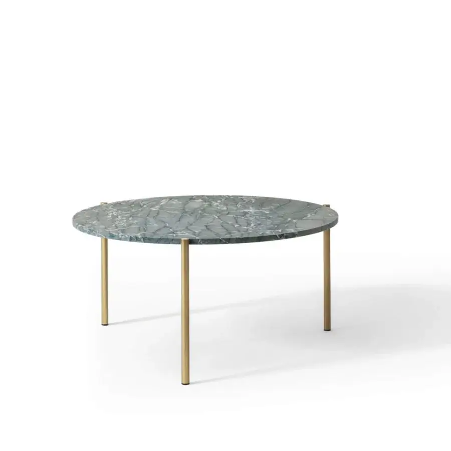Exclusive OAK Ritmo coffee table with light green marble-like top and smooth gold metal legs