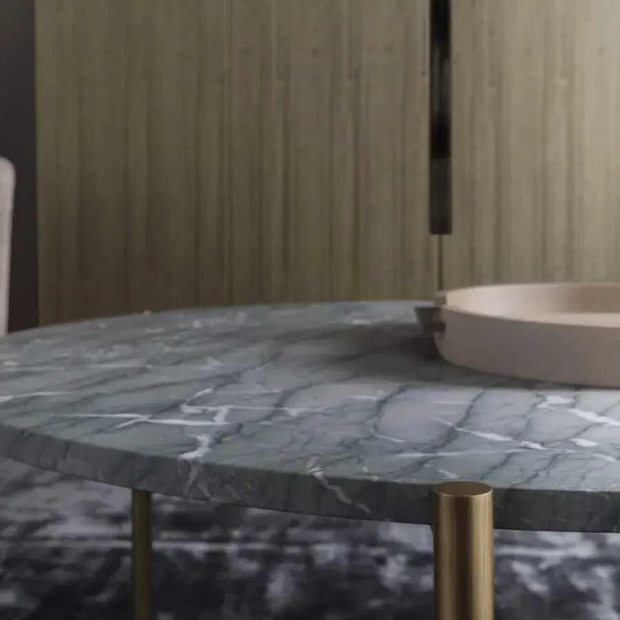 Distinguished OAK Ritmo coffee table with green-grey stone composite top and golden-finished painted metal base