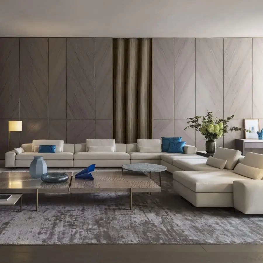 Elegant OAK Ritmo coffee table with warm gray wood and golden metal legs exhibiting a textured finish