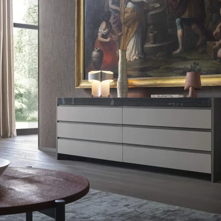 Distinguished OAK Ritmo coffee table with reddish-brown wood top and dark gray painted metal legs exhibiting a textured finish