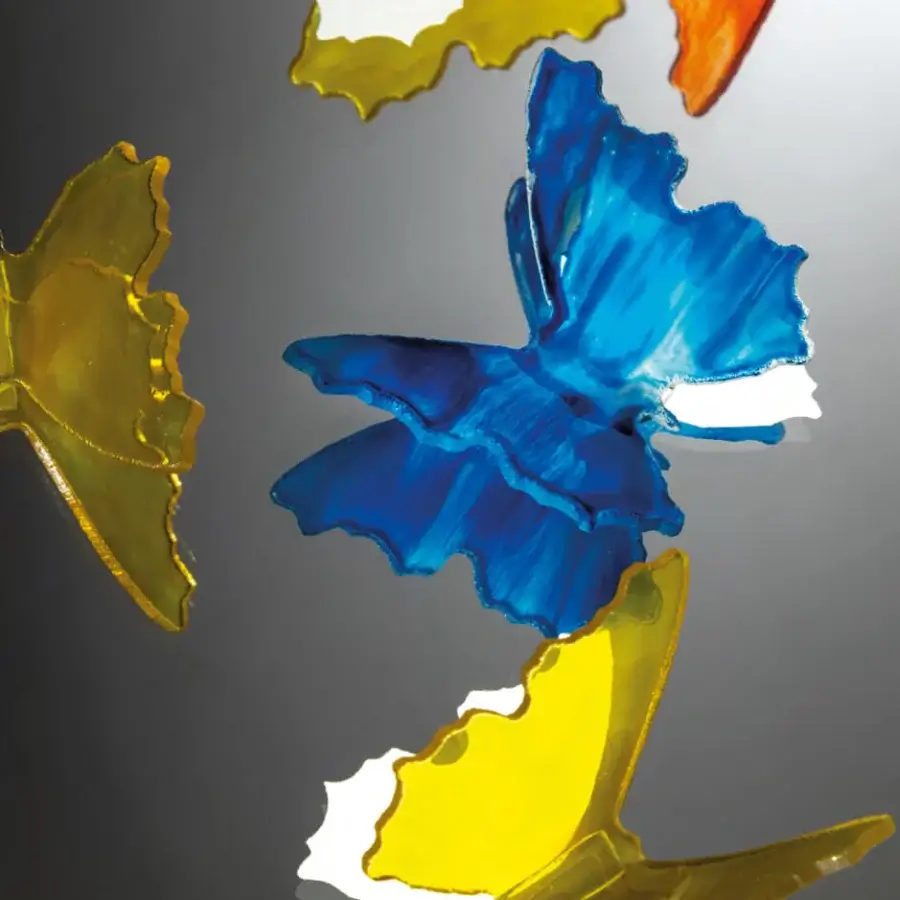 Exceptional Reflex Dreamcatcher Soul mirror with hand-painted glass butterflies in vibrant blue, yellow, and orange hues