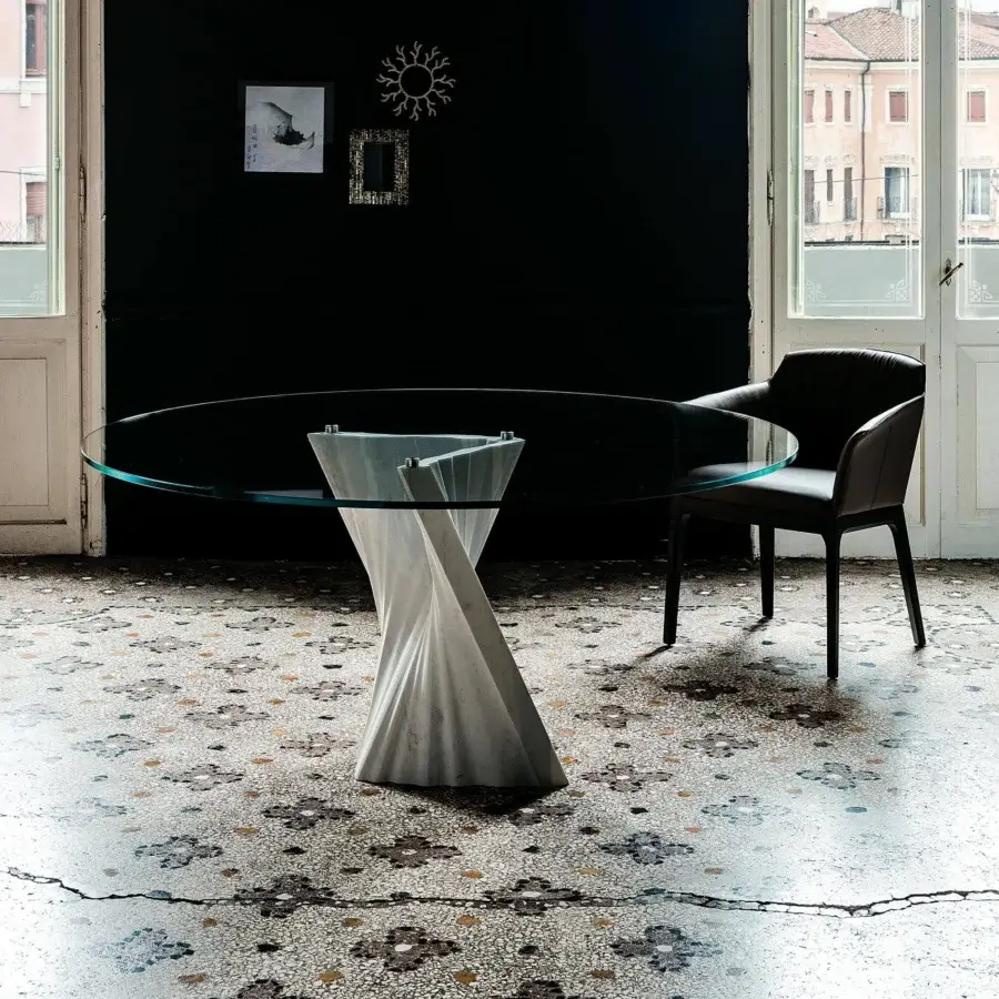 Captivating Cattelan Italia Plisset table with clear glass top and matt Palissandro white marble base crafted in Italy