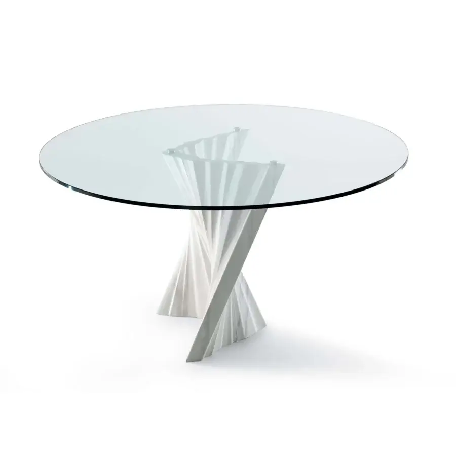Luxury Cattelan Italia Plisset table with clear glass top and matt Palissandro white marble base crafted in Italy