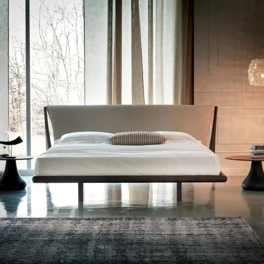 Distinguished Cattelan Italia Nelson bed with burned oak frame and light textile upholstered headboard