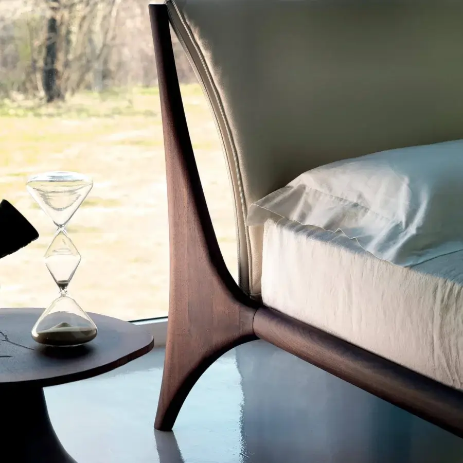 Exceptional Cattelan Italia Nelson bed with burned oak frame and light textile curved headboard in satin finish