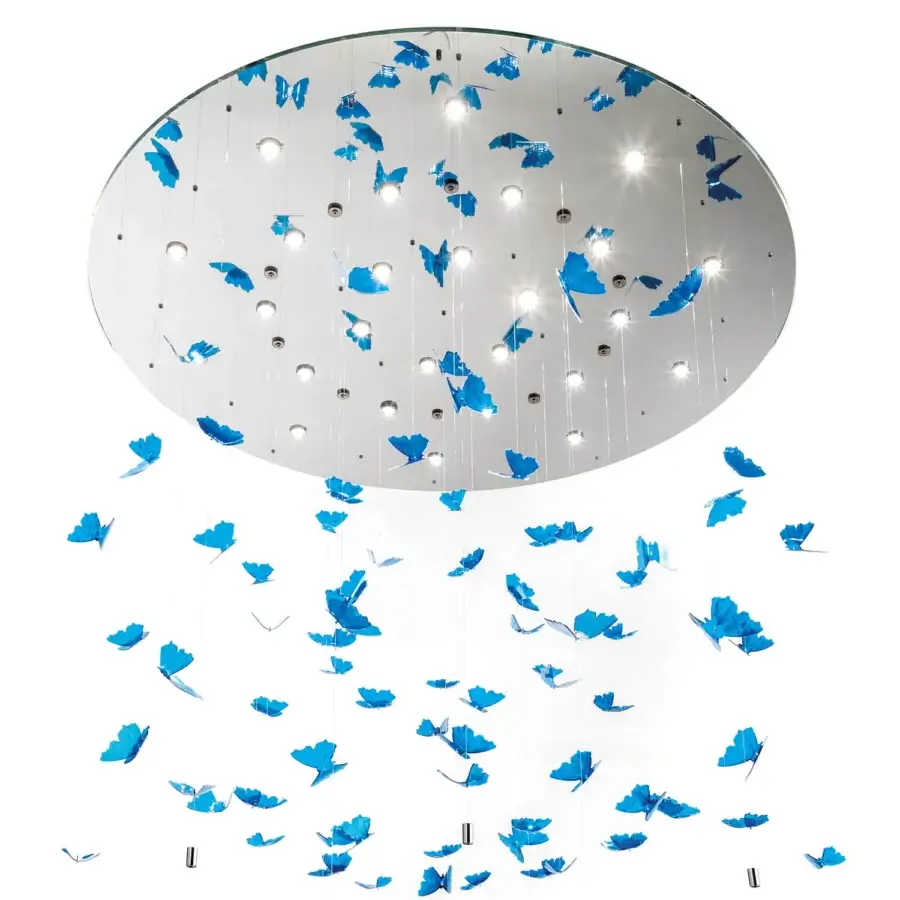 Captivating Reflex Dreamcatcher Morpho suspension lamp with mirrored glass, chrome finish and hand-painted blue glass butterfly pendants