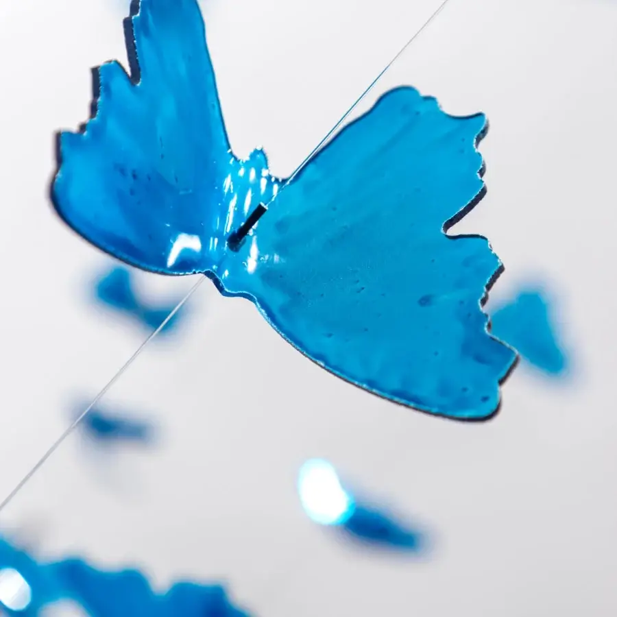 Exceptional Reflex Dreamcatcher Morpho suspension lamp with hand-painted blue glass butterfly pendants and chrome finish