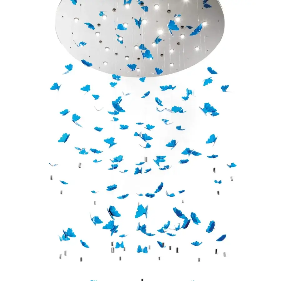 Lavish Reflex Dreamcatcher Morpho suspension lamp with cascading hand-painted glossy blue glass butterfly pendants and chrome finish