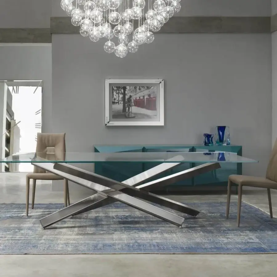 Exceptional Reflex Mikado table with transparent glass and brushed matte silver-toned iron base crafted in Italy