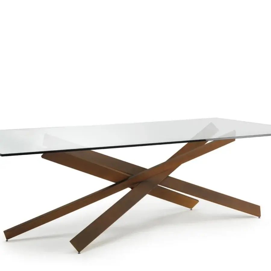 Distinguished Reflex Mikado table with transparent glass top and bronze finish iron crisscross base crafted in Italy