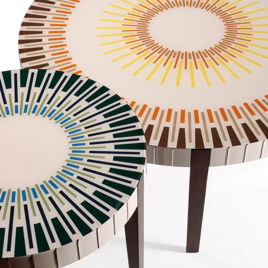 Exceptional Reflex Sun coffee table with platinum lacquered wood, polished steel and ebony stained ash wood legs