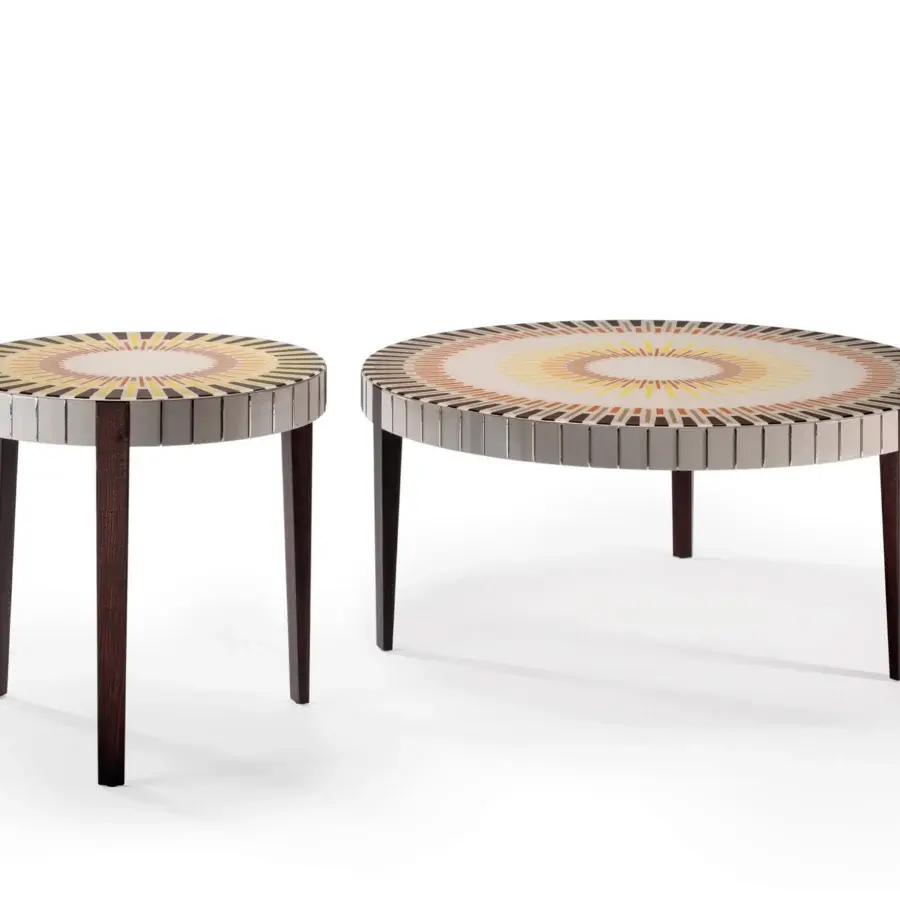 Superior Reflex Sun coffee table with platinum lacquered wood, warm sunburst pattern and ebony stained ash wood legs