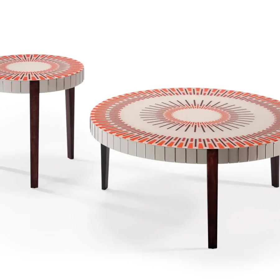 Elegant Reflex Sun coffee table with platinum lacquered wood, printed glass and ebony stained ash wood legs