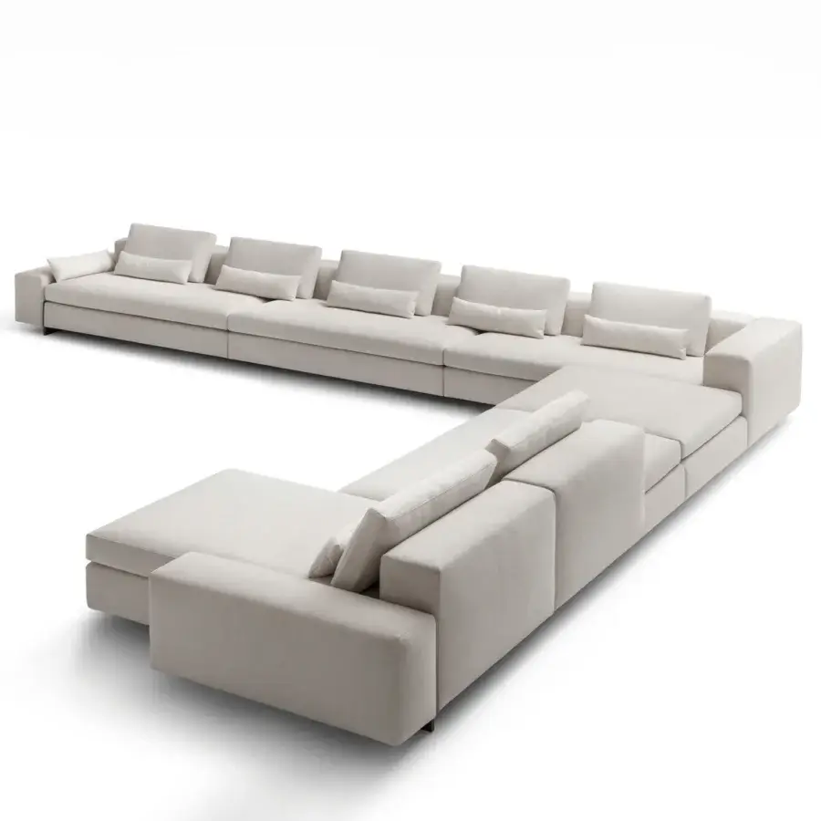 Distinguished OAK Concerto sectional with light beige woven fabric upholstery and metallic aluminum feet
