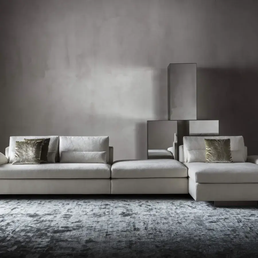 Distinguished OAK Concerto sectional with light gray textile upholstery and aluminum feet crafted in plywood and fir wood