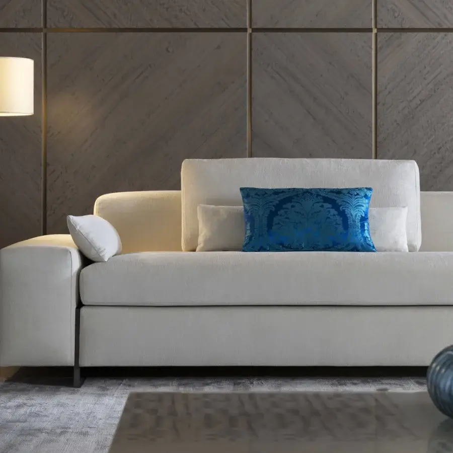 Superior OAK Concerto sectional with light beige textile upholstery and metallic aluminum feet crafted in plywood and fir wood