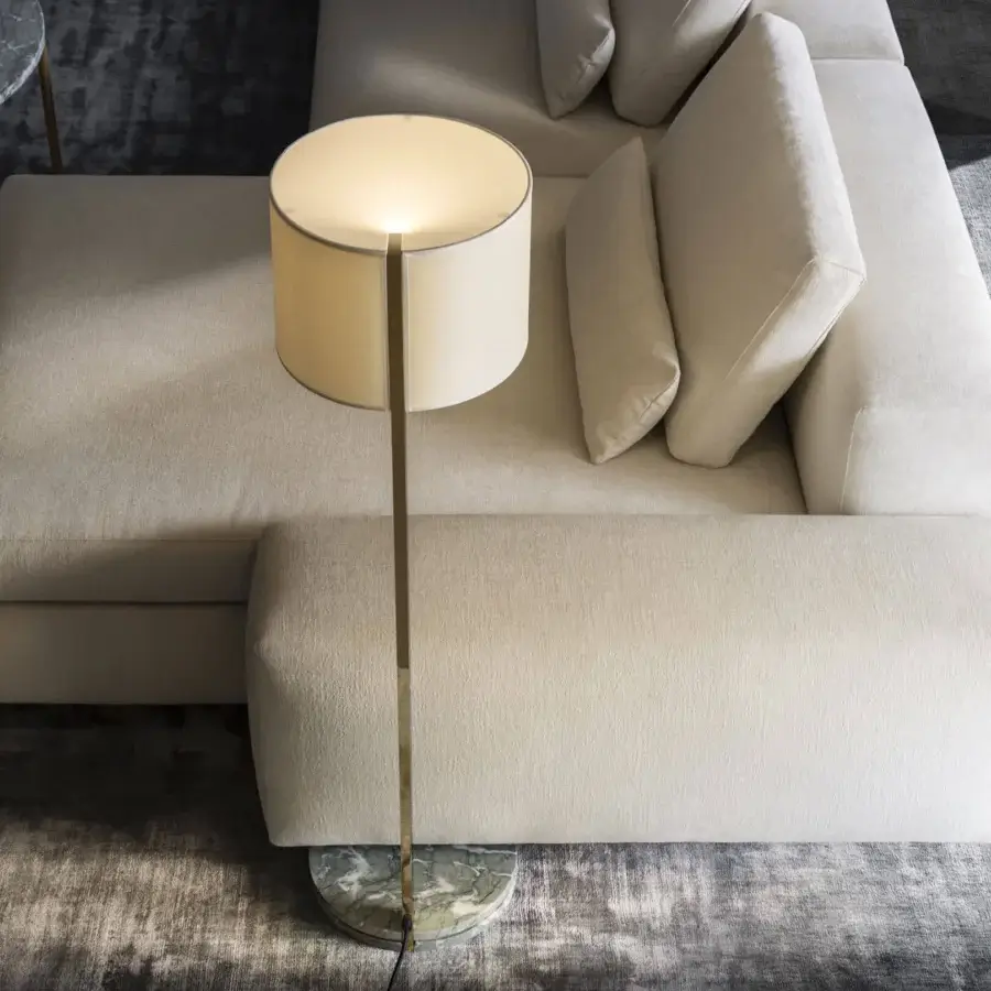 Exclusive OAK Concerto sectional with light beige textile upholstery crafted in plywood and fir wood with metallic aluminum feet