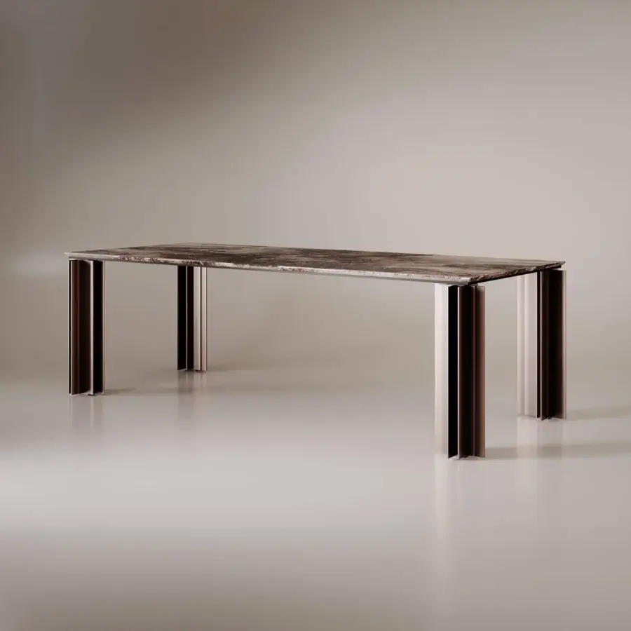 Distinctive VENICEM Serge table with round open pore striped travertine marble and dark bronze striped metal legs