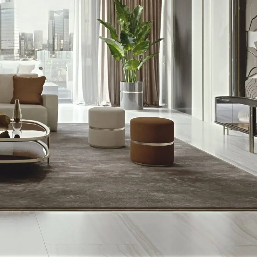 Superior Bizzotto Italia Ikat ottoman with light beige leather cover and terra ambrata metallic band base