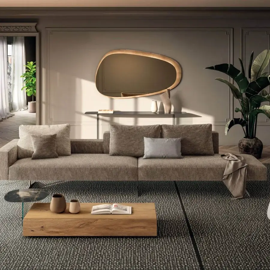 Distinguished Lago Air sectional with textured matte brown textile and extra-clear tempered glass legs for a modern aesthetic