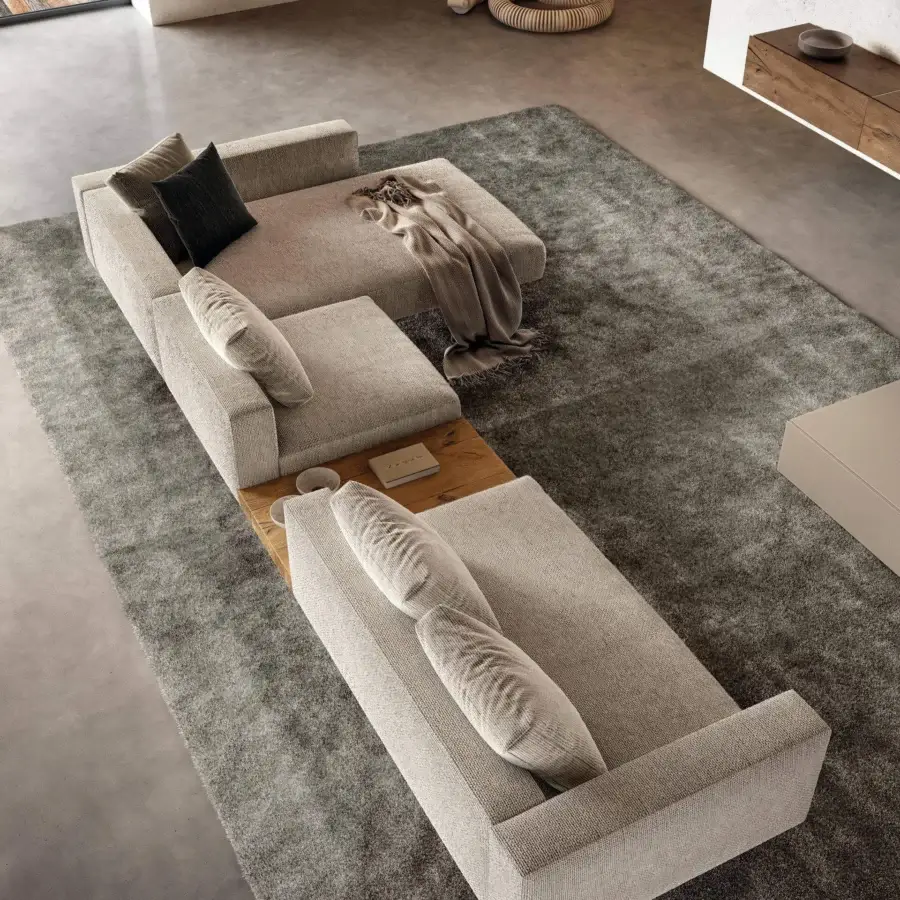 Superior Lago Air sectional with woven light beige textile and extra-clear tempered glass legs with matte finish