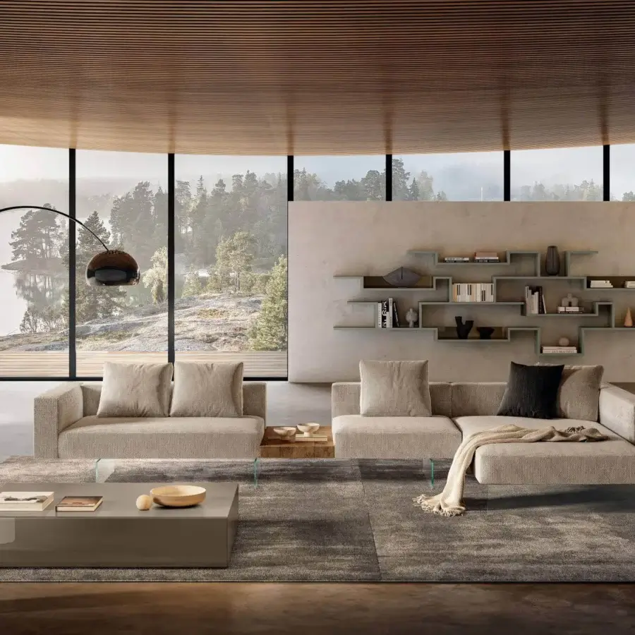 Exceptional Lago Air sectional with light beige textile and extra-clear tempered glass legs built for comfort