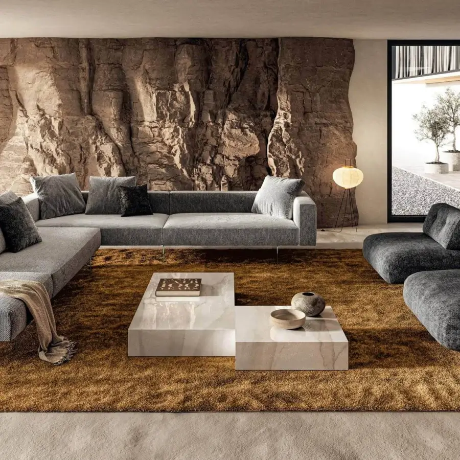 Lavish Lago Air sectional with light gray woven textile and extra-clear tempered glass legs for a floating effect
