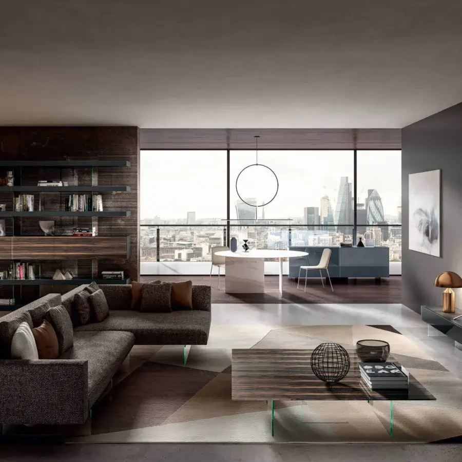 Superior Lago Air sectional with dark brown textured textile, extra-clear tempered glass legs and geometric silhouette