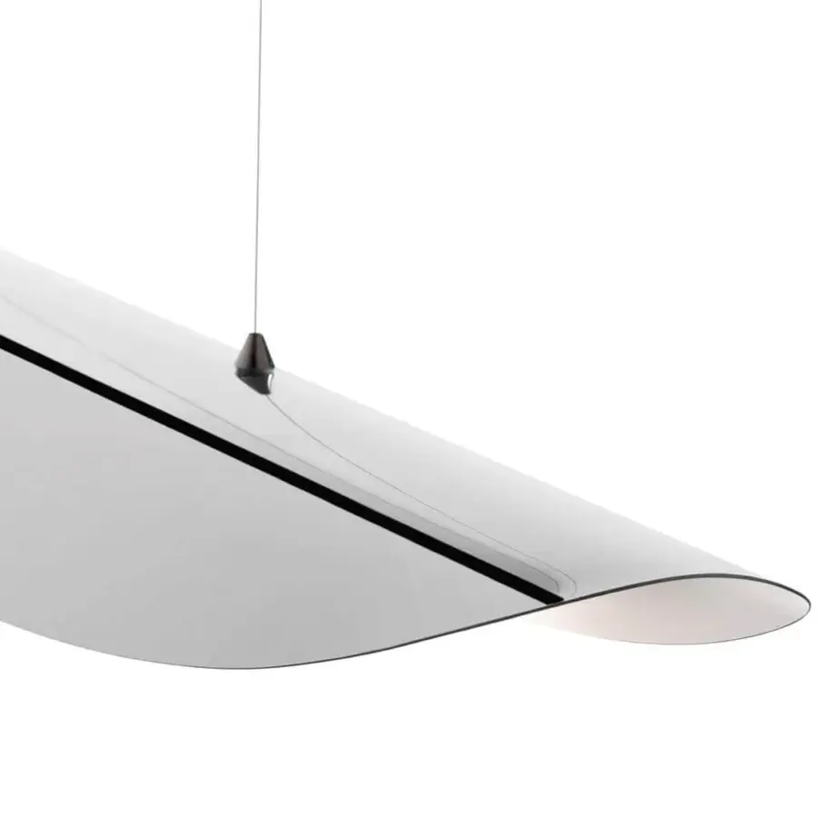 Distinguished Reflex Ala suspension lamp with curved steel internally lacquered in latte and reflective light-toned shade with black accent