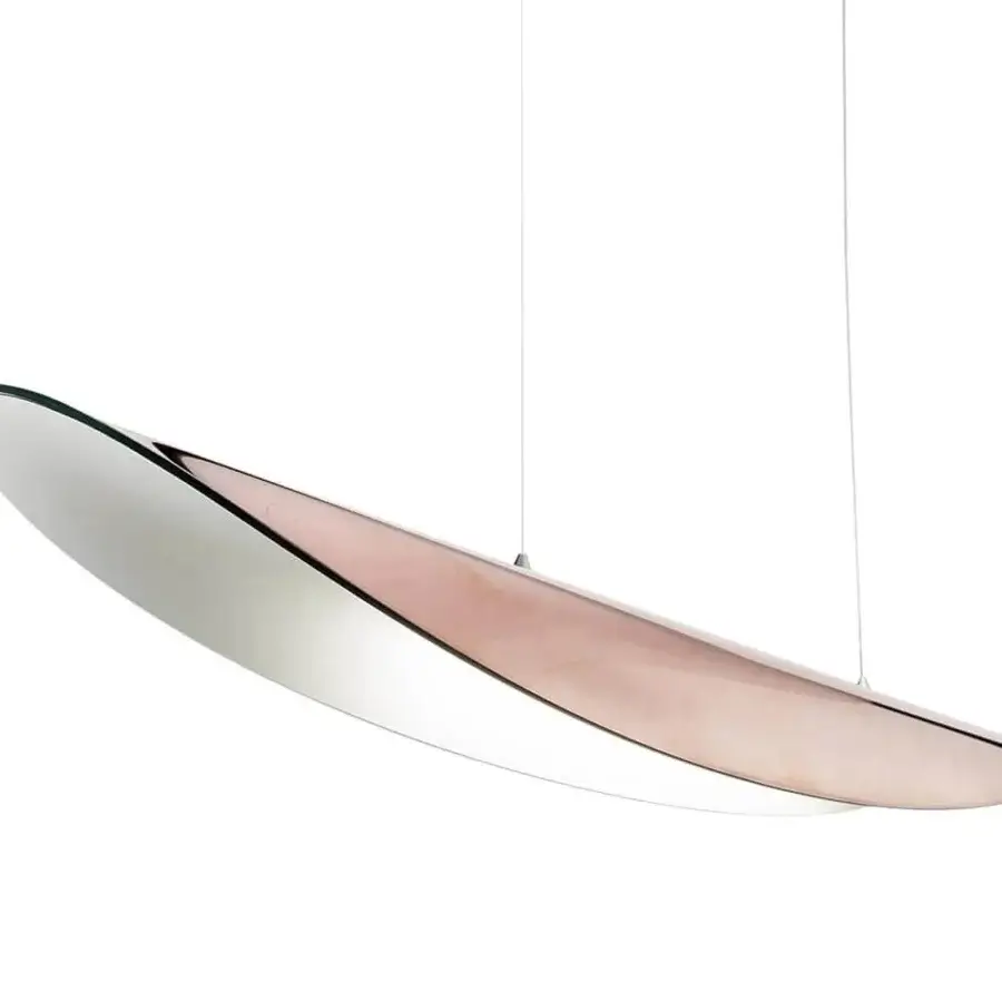 Lavish Reflex Ala suspension lamp with curved steel internally lacquered in latte and rosy copper metallic sheen