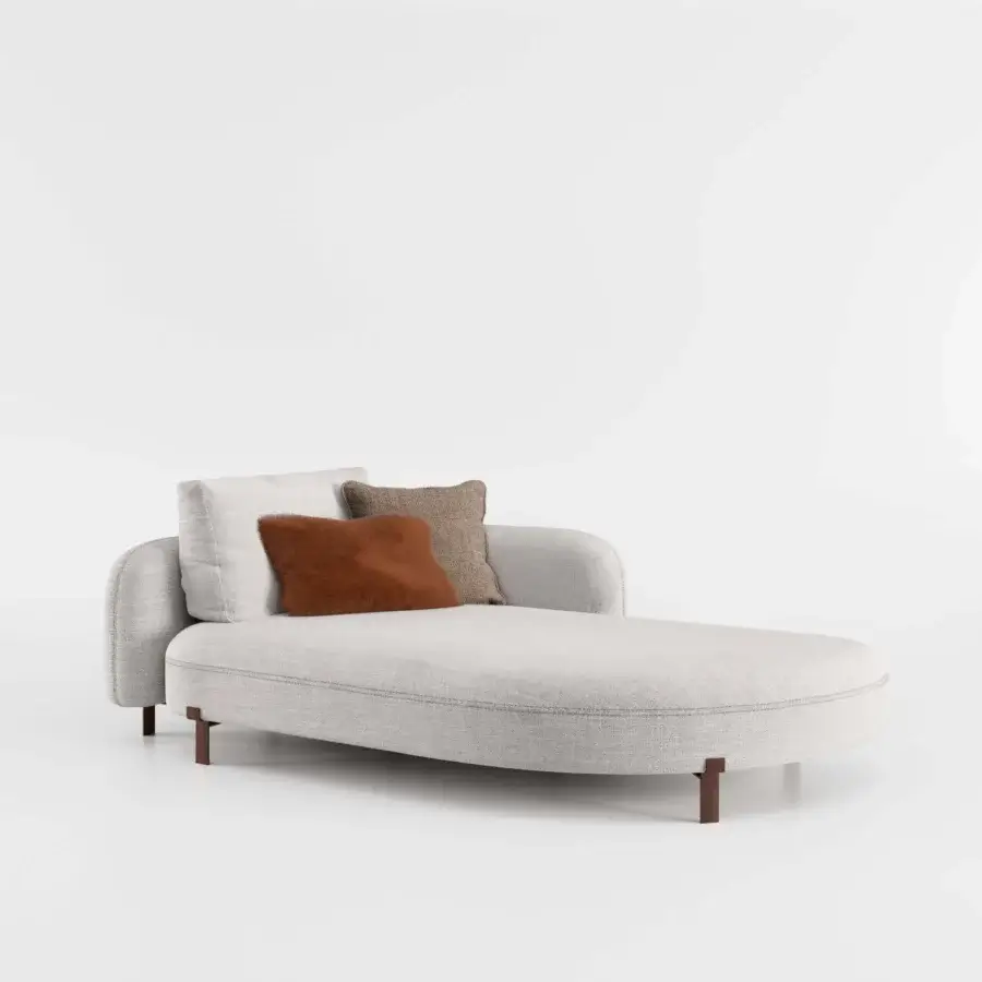 Exceptional Bizzotto Italia Amulet chaise lounge with light gray woven textile and Rame legs, accented with rust and beige cushions