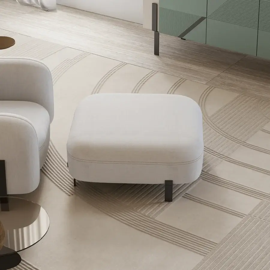 Lavish Bizzotto Italia Amulet ottoman upholstered in light off-white leather with Rame finished block legs