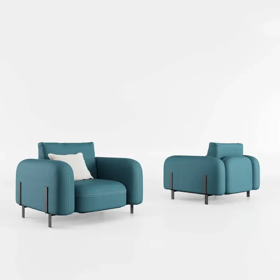 Exceptional Bizzotto Italia Amulet lounge chair upholstered in smooth teal textile with thin dark titanium legs