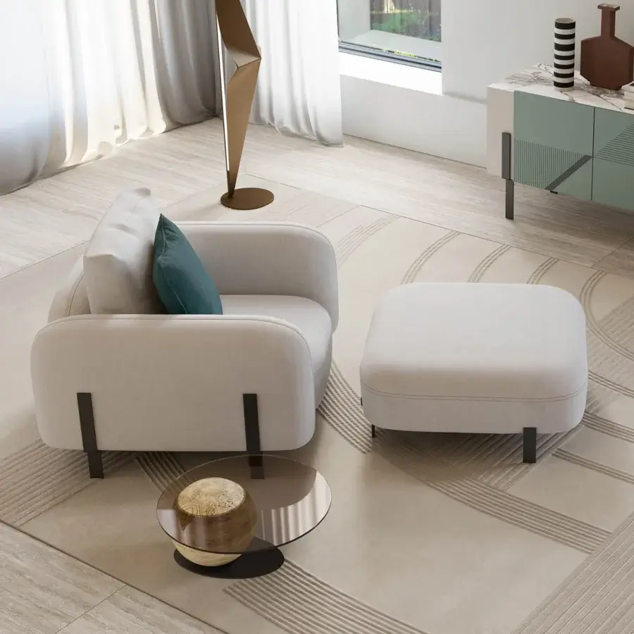 Superior Bizzotto Italia Amulet lounge chair upholstered in light beige textile with dark titanium finish and teal accent cushion