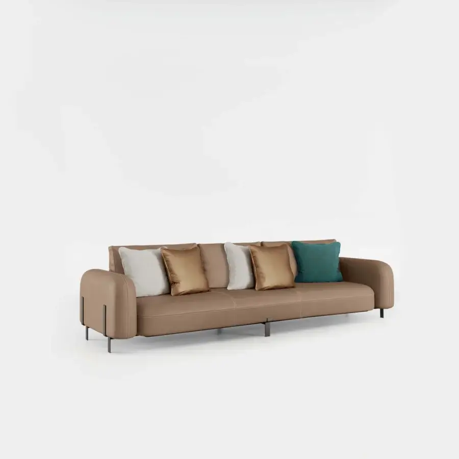 Superior Bizzotto Italia Amulet sofa with light brown leather upholstery, titanium legs and accent cushions in grey, bronze, teal textiles