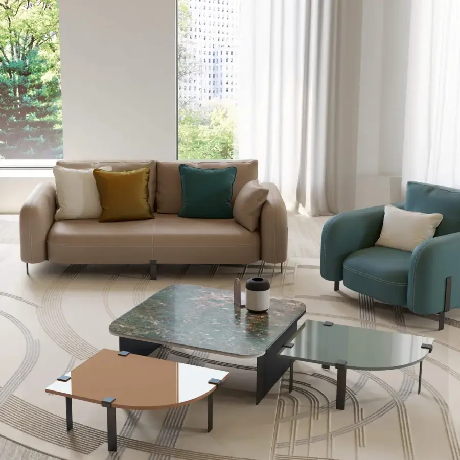 Distinguished Bizzotto Italia Amulet sofa built in sumptuous light tan leather with titanium finished legs and vibrant cushions