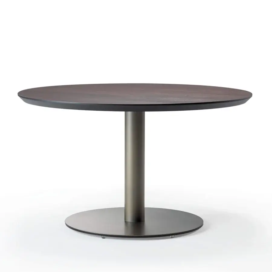 Distinguished Reflex Rondo lounge table with beveled Canaletto wood and dark bronze metal base in a dark brown finish