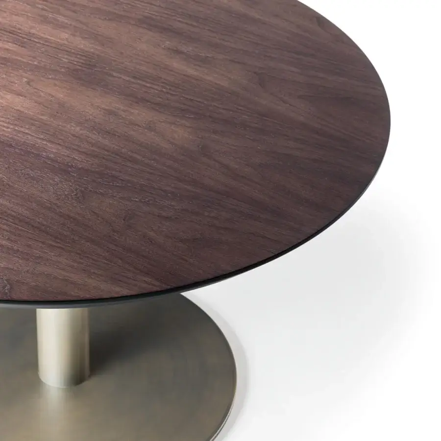 Exceptional Reflex Rondo lounge table with Canaletto wood and a dark brown finish, built with a bronze metal base