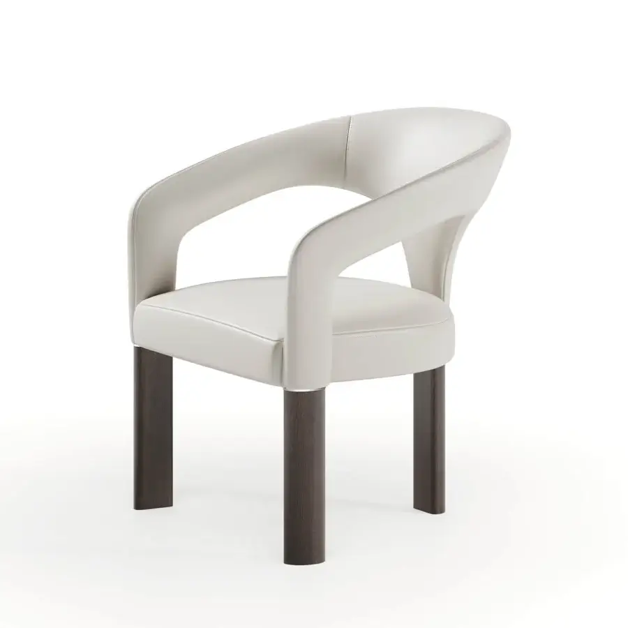 Distinguished Reflex Volta armchair with rounded light upholstery and Oakwood Henné legs with shiny steel detailing