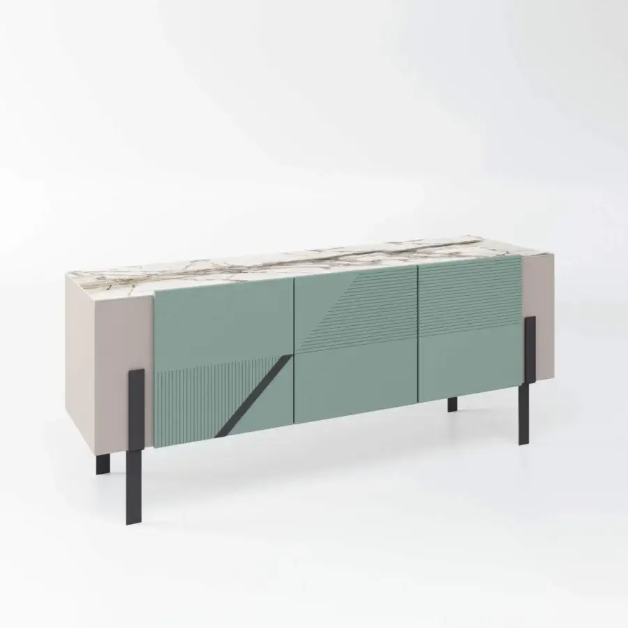 Distinguished Bizzotto Italia Amulet sideboard with muted green body, marble-effect top and matte beige panels built with dark metal legs
